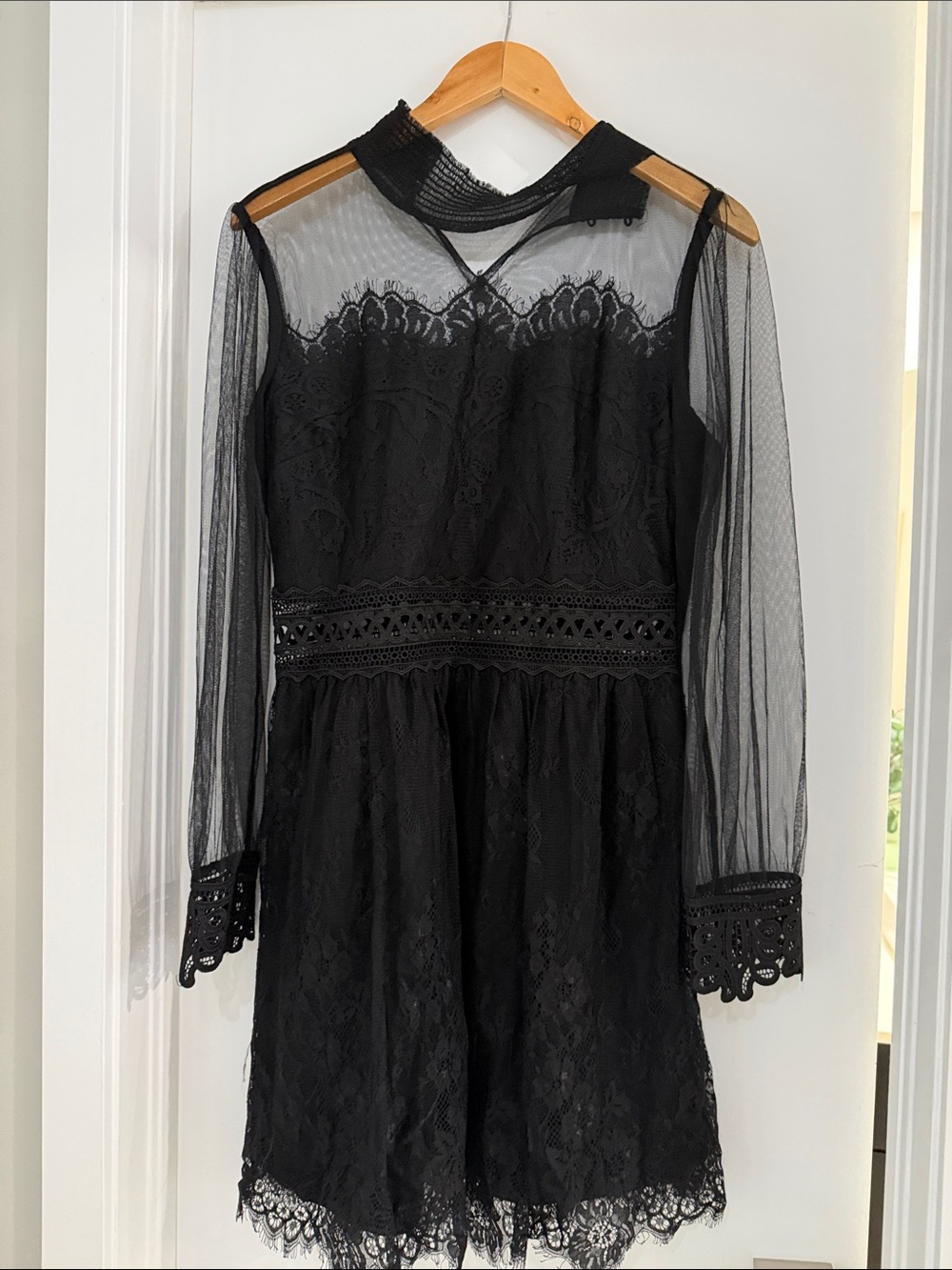 Endless Rose Black Lace Midi Dress with Sheer Long Sleeves